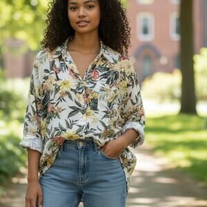 Eden & Olivia Tropical Button Top Womens XL White Green Yellow Hawaiian Floral